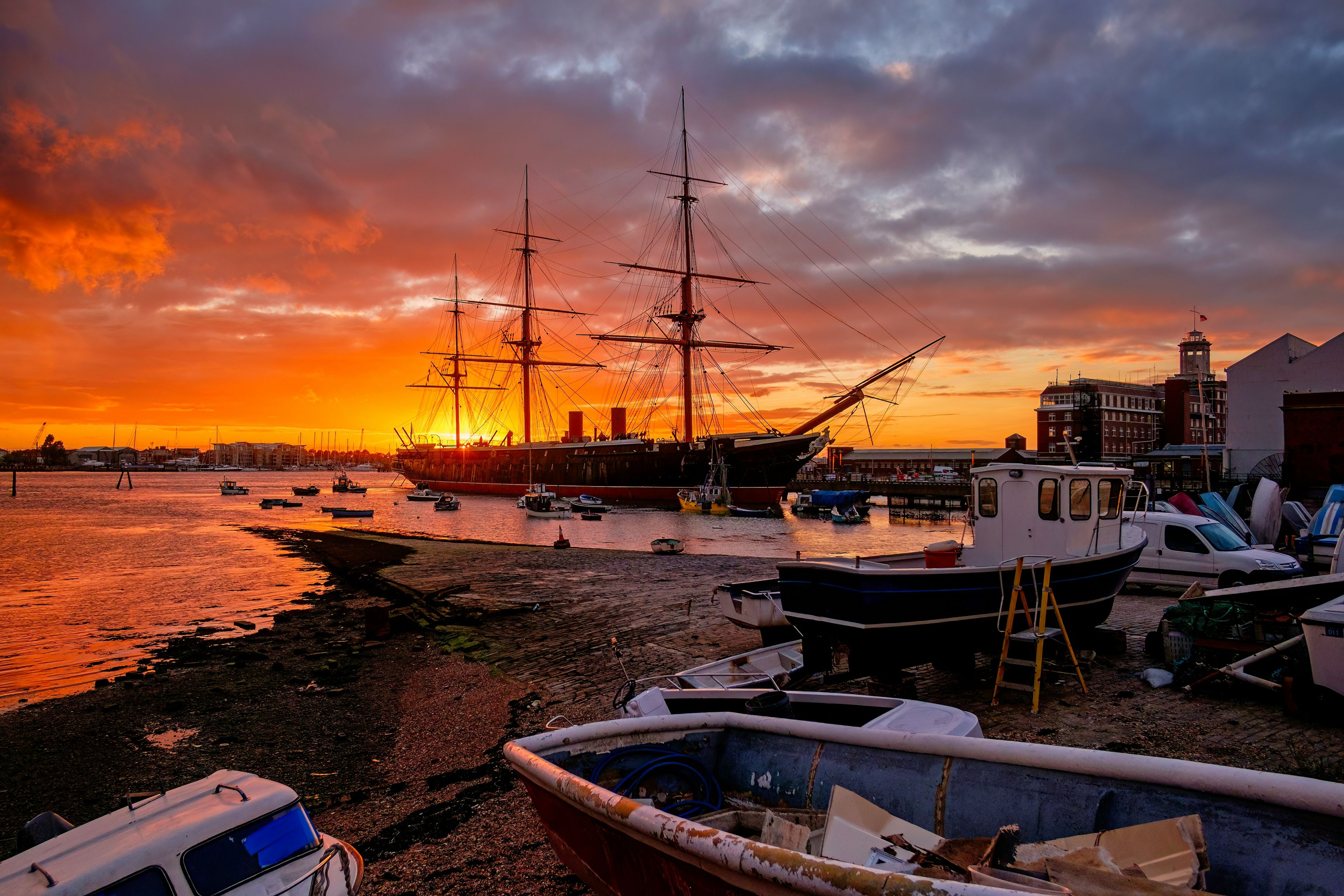 HMS Victory ship at sunset at Portsmouth Historic Dockyard