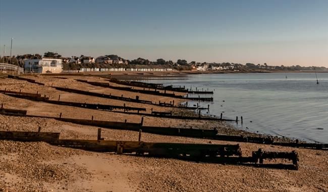 sandy beach with wooden groynes