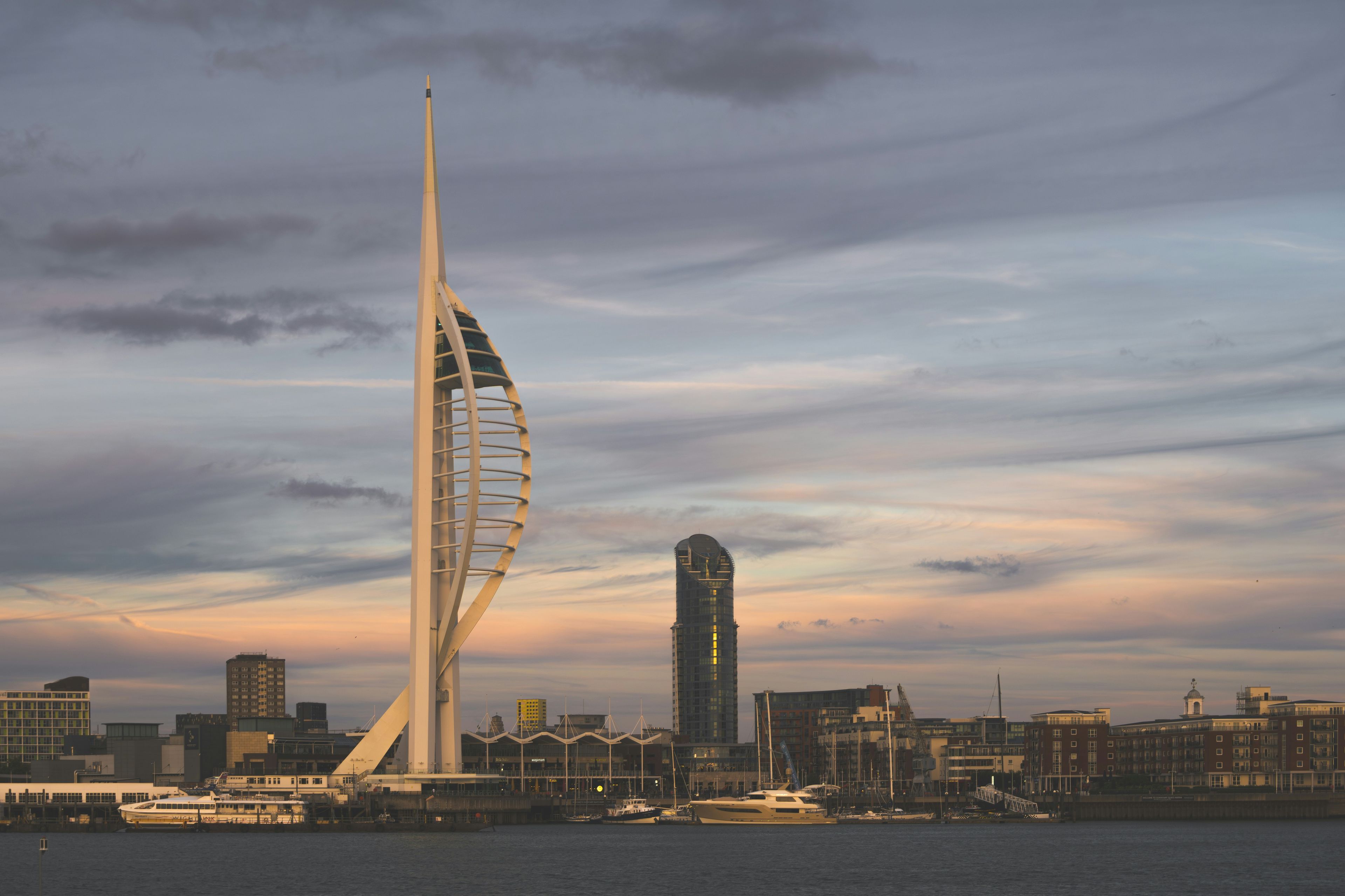 Spinnaker Tower at sunset in Portsmouth, England